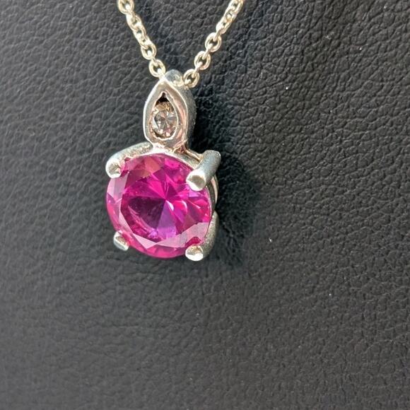 Pink Sapphire Solitaire & CZ Pendant 925 Sterling Silver 18.5" Necklace - Picture 5 of 10